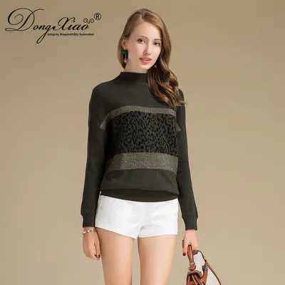 Latest Design Leopard Stipe Knitted Long Sleeve Cashmere Sweater