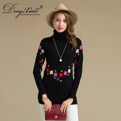 Flowers Jacquard Knitting Women Long Style Cashmere Wool Sweater