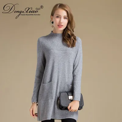 Women Wool Dress Knitted Long Cashmere Sweater with Pockets