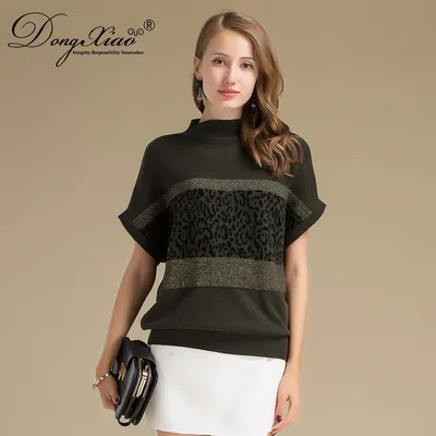 Women Stripe Sweater Wool Cashmere Slip Shoulder T Shirt