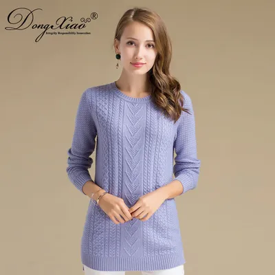 Women Crew Neck Long Sleeve Double Jacquard Knit Pullover Sweater