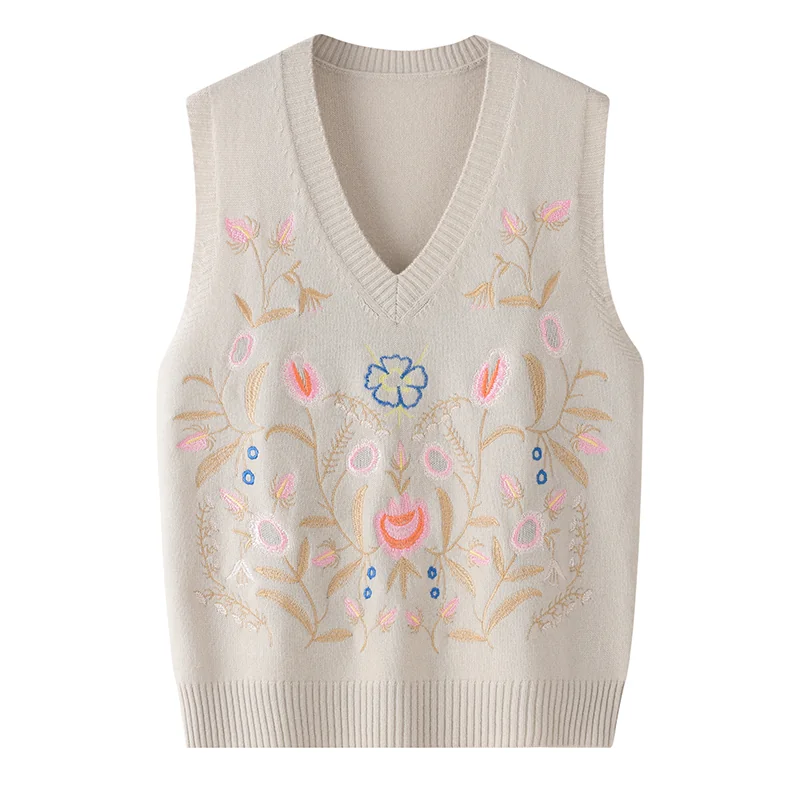 Cashmere sleeveless vest — Black Embroidered