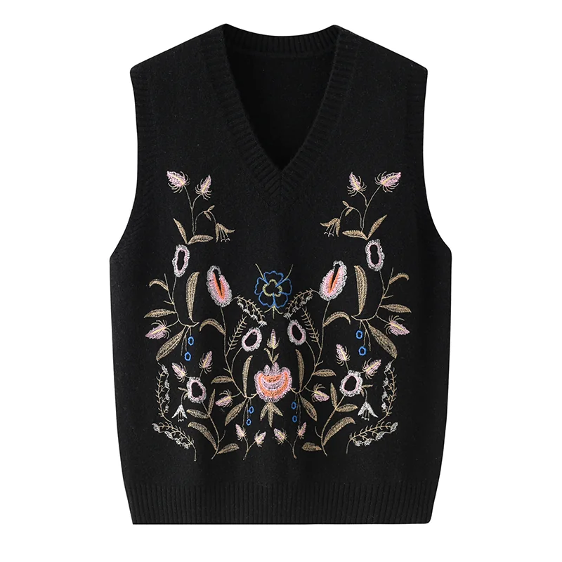 100% Cashmere, Cashmere sleeveless vest — Black Embroidered, 14–15.5µm, Cashmere Garment / Women — detail view 3