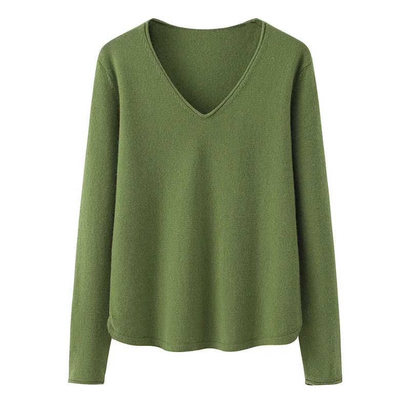 100% Cashmere, Cashmere V-neck sweater — Green, 14–15.5µm, Cashmere Garment / Women — detail view 3