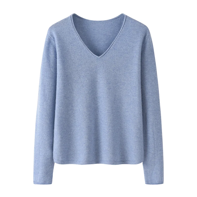 100% Cashmere, Cashmere V-neck sweater — Green, 14–15.5µm, Cashmere Garment / Women — detail view 5