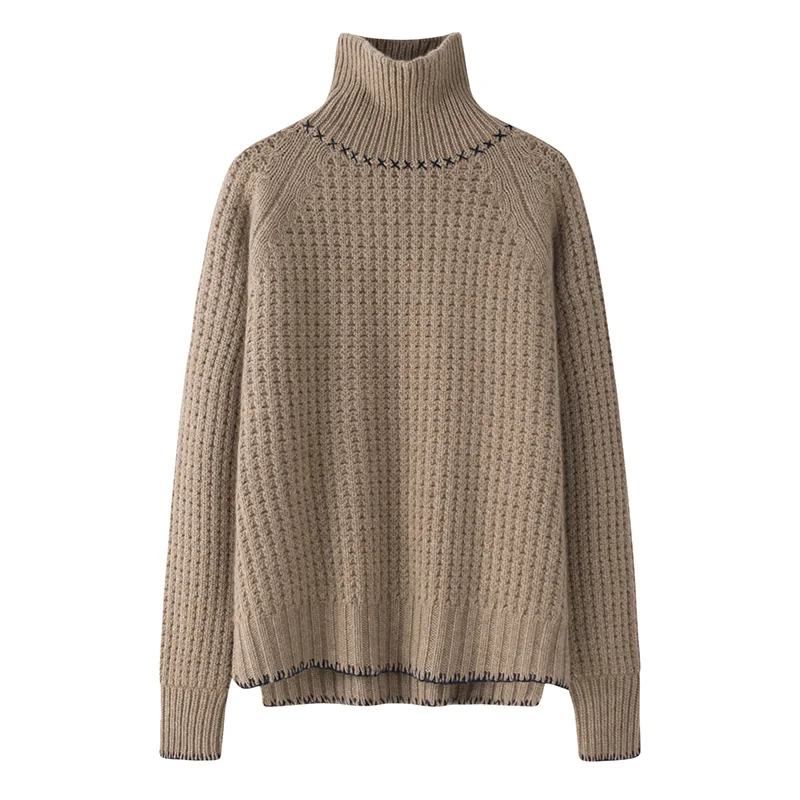 100% Cashmere, Cashmere crew-neck sweater — Camel, 14–15.5µm, Cashmere Garment / Women — detail view 3
