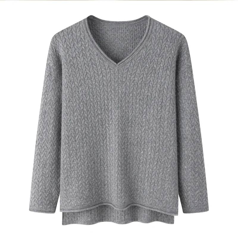 100% Cashmere, Cashmere V-neck sweater — Grey, 14–15.5µm, Cashmere Garment / Women — detail view 3