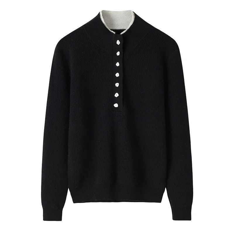 100% Cashmere, Cashmere button-front cardigan — Black, 14–15.5µm, Cashmere Garment / Women — detail view 3