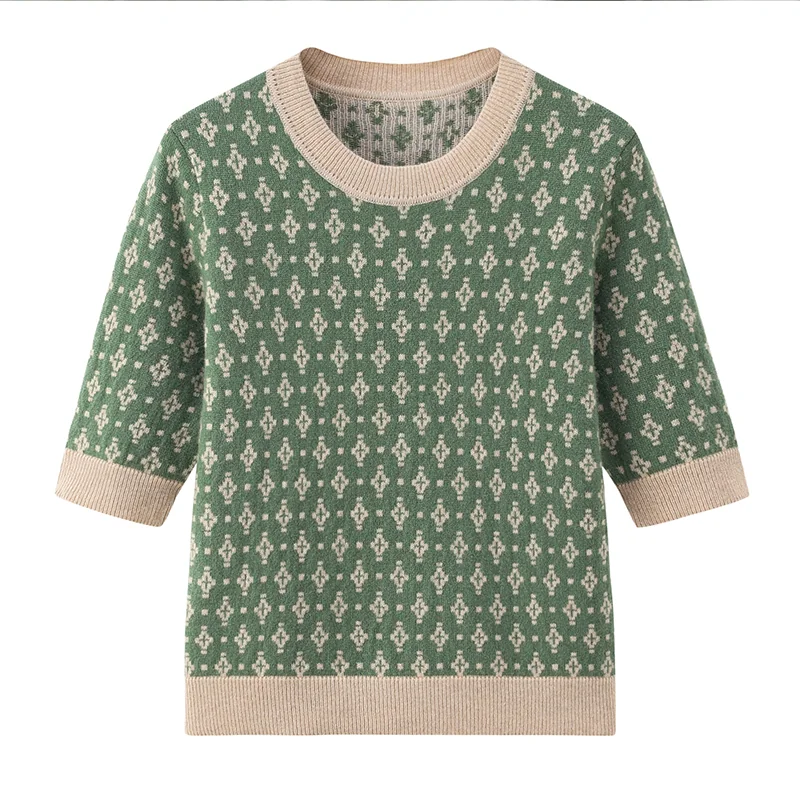100% Cashmere, Cashmere short-sleeve knit — Green Short sleeve, 14–15.5µm, Cashmere Garment / Women — detail view 3