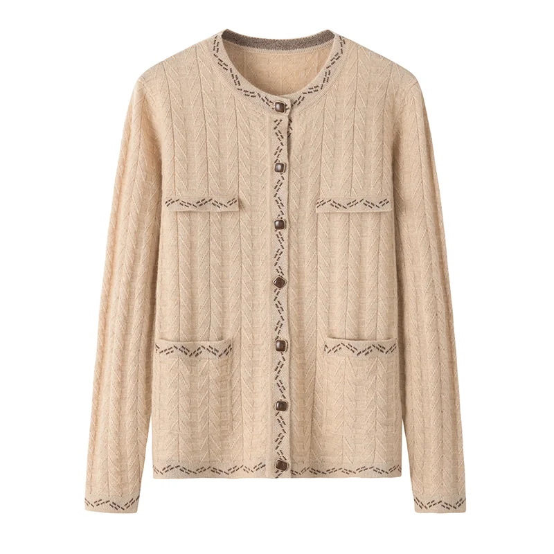 100% Cashmere, Cashmere button-front cardigan — Beige, 14–15.5µm, Cashmere Garment / Women — detail view 3
