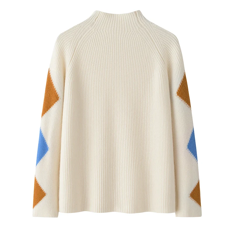 100% Cashmere, Cashmere crew-neck sweater — Beige Colour-block, 14–15.5µm, Cashmere Garment / Women — detail view 2