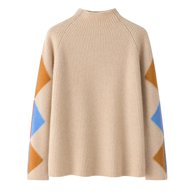 100% Cashmere, Cashmere crew-neck sweater — Beige Colour-block, 14–15.5µm, Cashmere Garment / Women — detail view 3