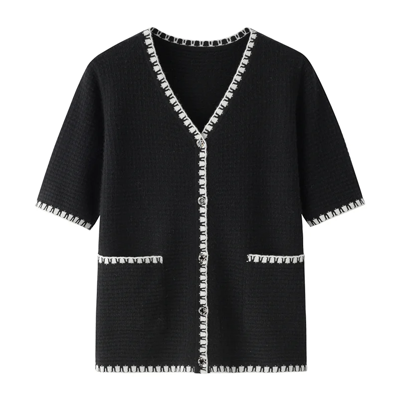 100% Cashmere, Cashmere button-front cardigan — Black Short sleeve, 14–15.5µm, Cashmere Garment / Women — detail view 3