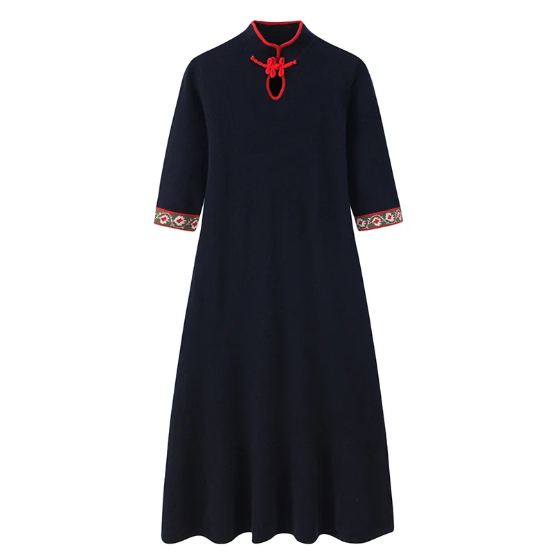 100% Cashmere, Cashmere knit dress — Navy Dress, 14–15.5µm, Cashmere Garment / Women — detail view 3