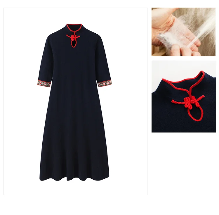100% Cashmere, Cashmere knit dress — Navy Dress, 14–15.5µm, Cashmere Garment / Women — detail view 8