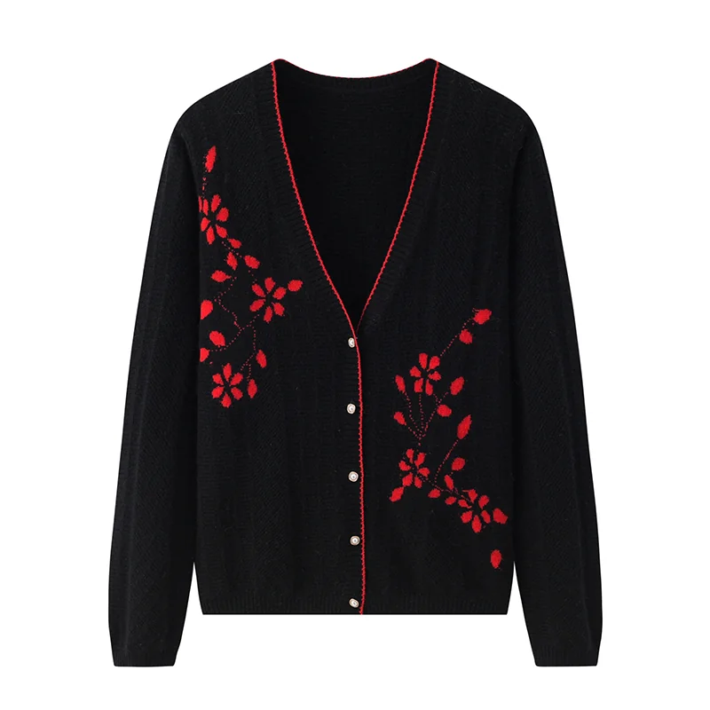 100% Cashmere, Cashmere button-front cardigan — Black Embroidered, 14–15.5µm, Cashmere Garment / Women — detail view 3