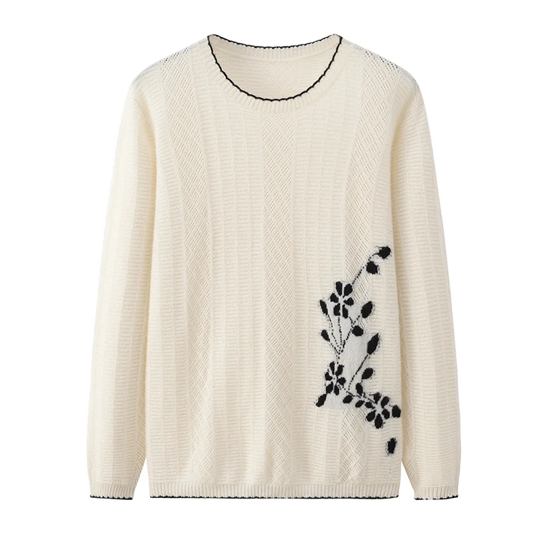 100% Cashmere, Cashmere crew-neck sweater — White Embroidered, 14–15.5µm, Cashmere Garment / Women — detail view 3