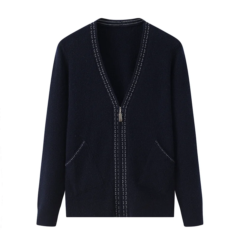 100% Cashmere, Cashmere button-front cardigan — Navy Deep V, 14–15.5µm, Cashmere Garment / Women — detail view 3