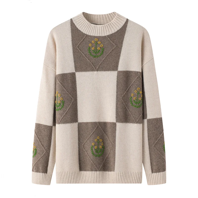 Cashmere crew-neck sweater — Grey Checked