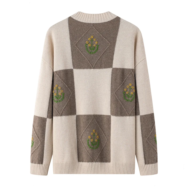 100% Cashmere, Cashmere crew-neck sweater — Grey Checked, 14–15.5µm, Cashmere Garment / Women — detail view 2