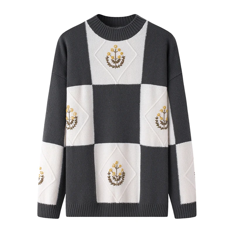 100% Cashmere, Cashmere crew-neck sweater — Grey Checked, 14–15.5µm, Cashmere Garment / Women — detail view 3