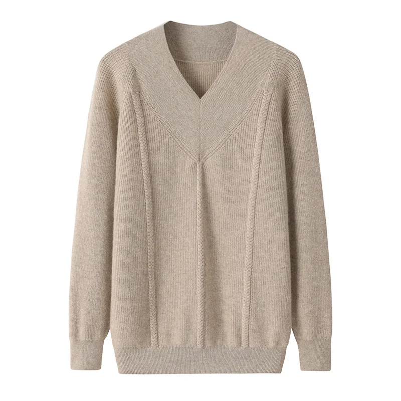 100% Cashmere, Cashmere V-neck sweater — Camel, 14–15.5µm, Cashmere Garment / Women — detail view 3