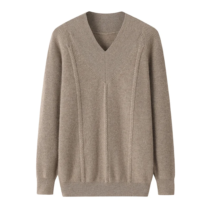 100% Cashmere, Cashmere V-neck sweater — Camel, 14–15.5µm, Cashmere Garment / Women — detail view 4