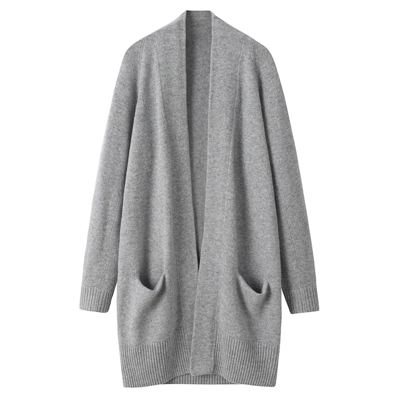 100% Cashmere, Cashmere button-front cardigan — Grey Long cardigan, 14–15.5µm, Cashmere Garment / Women — detail view 3