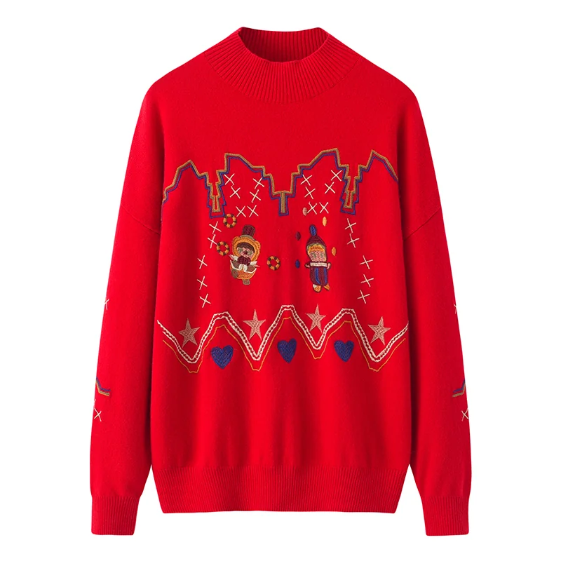 100% Cashmere, Cashmere crew-neck sweater — Red Jacquard, 14–15.5µm, Cashmere Garment / Women — detail view 3