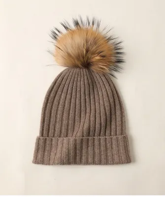 Fur POM POM Beanie Lady 100 Cashmere Hat
