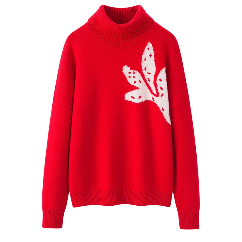 100% Cashmere, Cashmere crew-neck sweater — Red Embroidered, 14–15.5µm, Cashmere Garment / Women — detail view 3