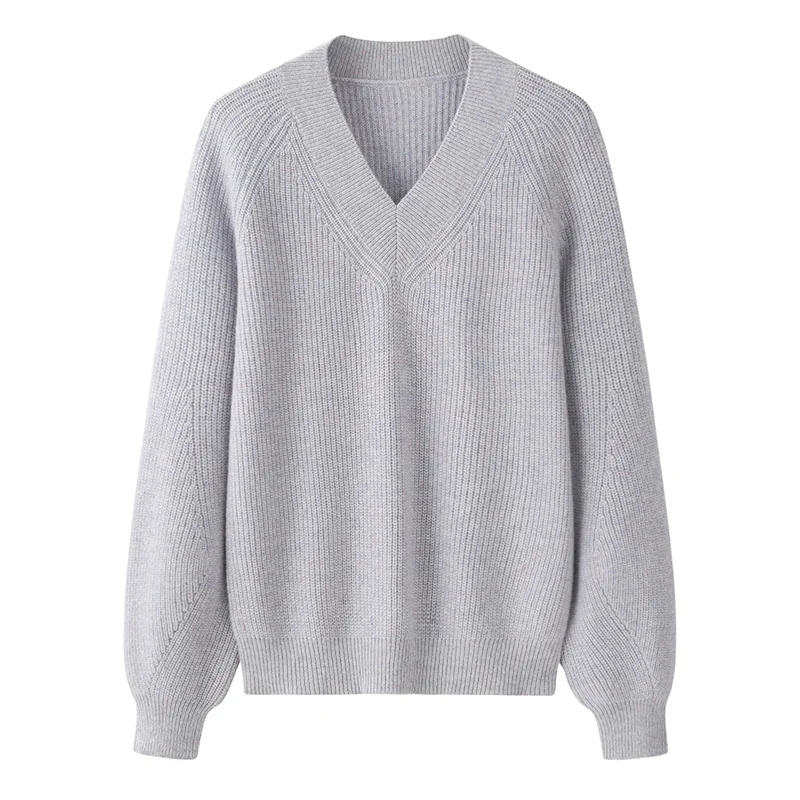 100% Cashmere, Cashmere V-neck sweater — Grey, 14–15.5µm, Cashmere Garment / Women — detail view 3