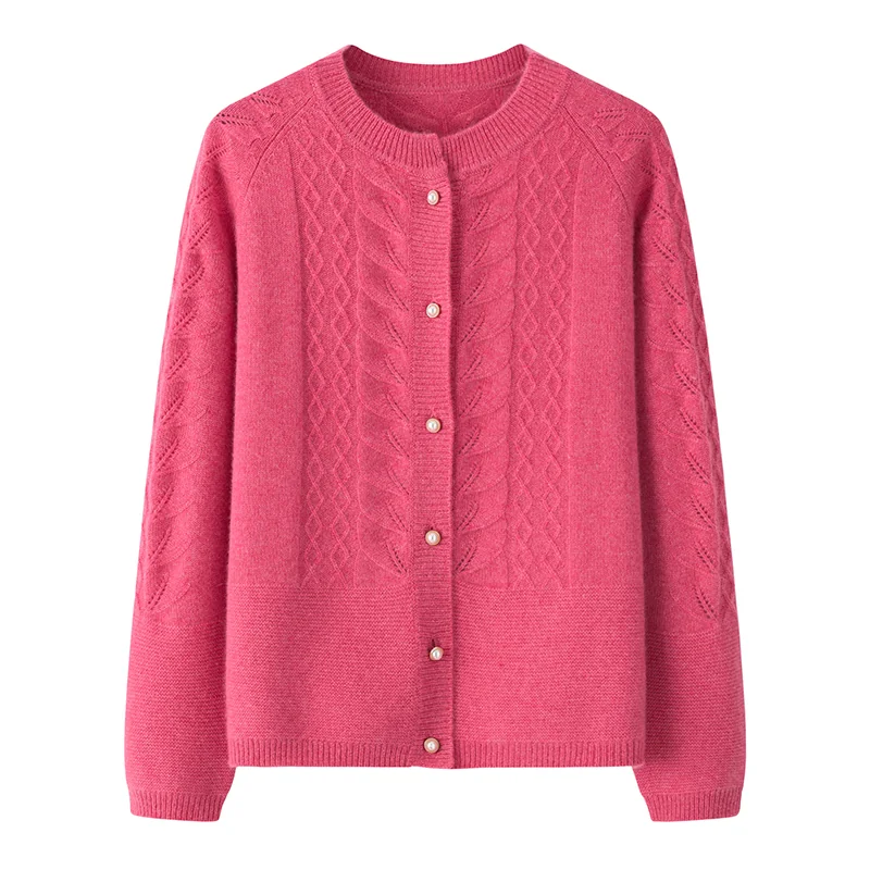100% Cashmere, Cashmere crew-neck sweater — Pink Cable, 14–15.5µm, Cashmere Garment / Women — detail view 3
