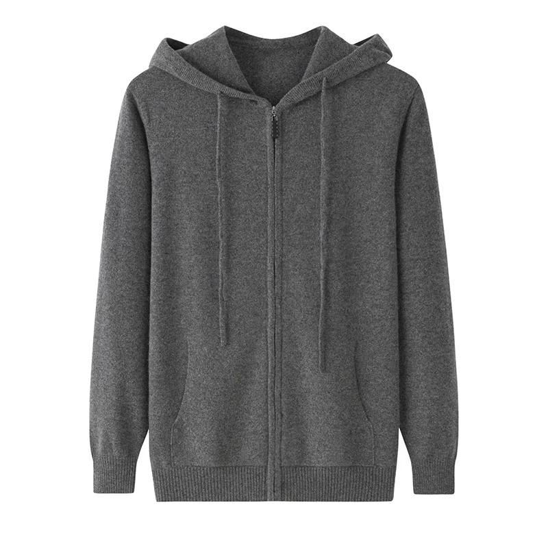 100% Cashmere, Cashmere hooded cardigan — Grey, 14–15.5µm, Cashmere Garment / Men — detail view 3
