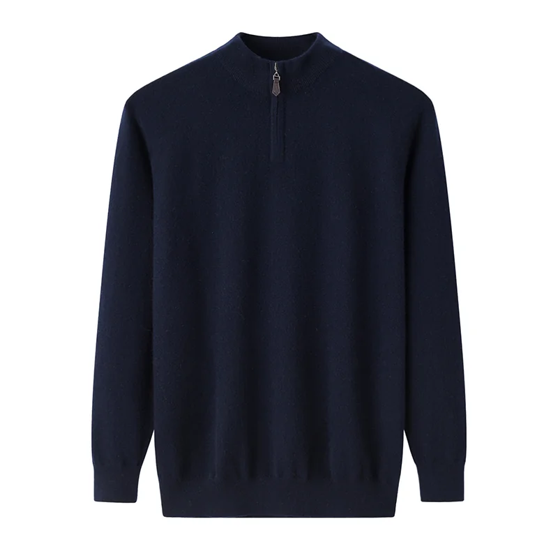100% Cashmere, Cashmere zip-neck sweater — Navy Half-zip, 14–15.5µm, Cashmere Garment / Men — detail view 3