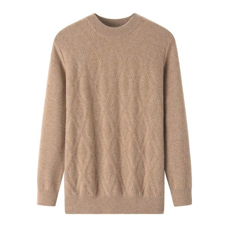 100% Cashmere, Cashmere crew-neck sweater — Camel Cable, 14–15.5µm, Cashmere Garment / Men — detail view 3