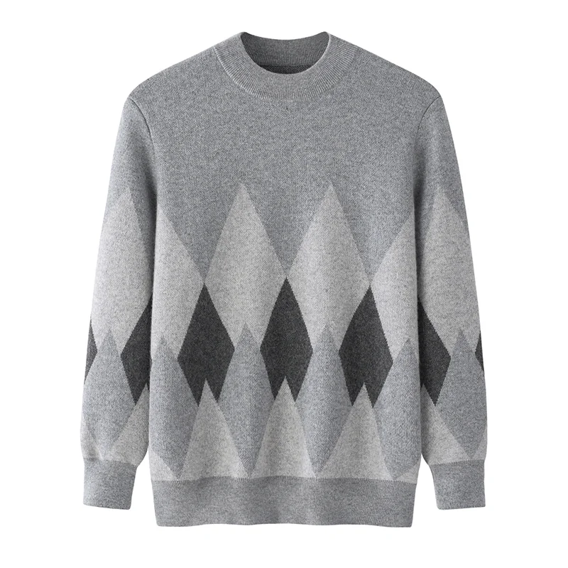 100% Cashmere, Cashmere crew-neck sweater — Grey Fair isle, 14–15.5µm, Cashmere Garment / Men — detail view 3