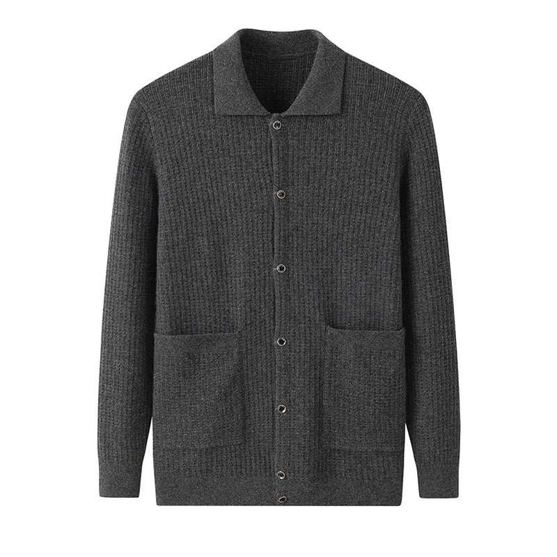 100% Cashmere, Cashmere button-front cardigan — Grey, 14–15.5µm, Cashmere Garment / Men — detail view 3