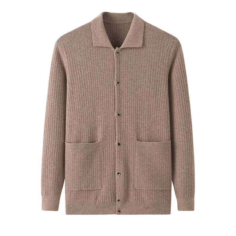 100% Cashmere, Cashmere button-front cardigan — Grey, 14–15.5µm, Cashmere Garment / Men — detail view 4
