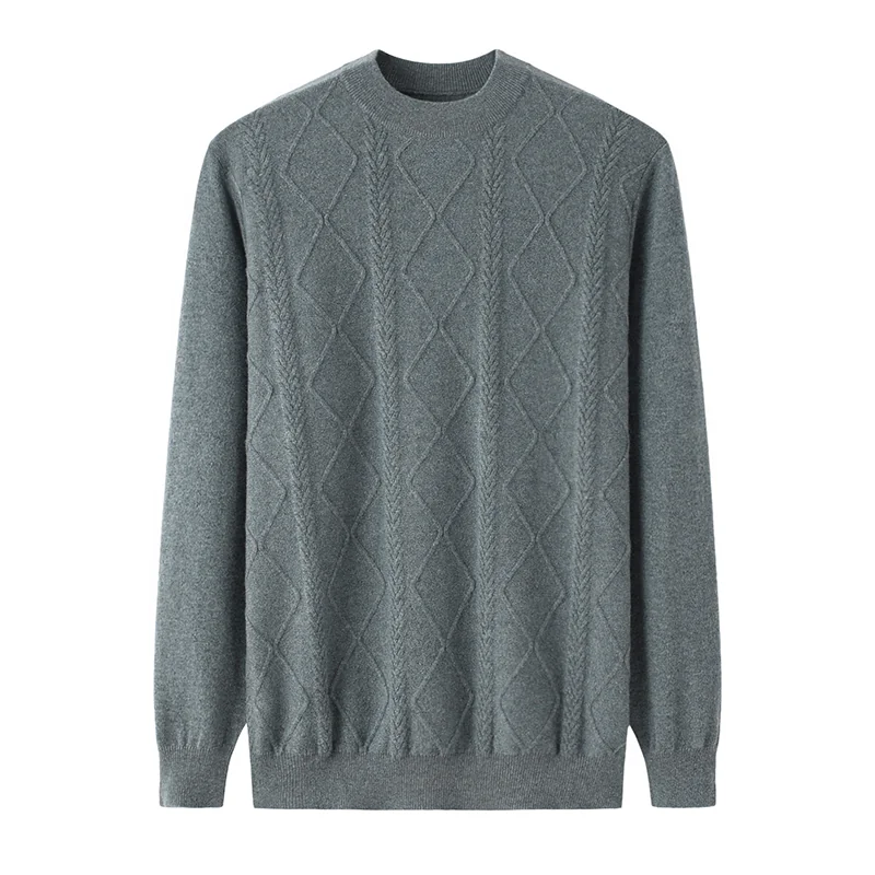 100% Cashmere, Cashmere crew-neck sweater — Green Diamond cable, 14–15.5µm, Cashmere Garment / Men — detail view 3