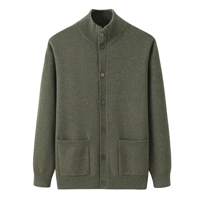 100% Cashmere, Cashmere button-front cardigan — Green, 14–15.5µm, Cashmere Garment / Men — detail view 3