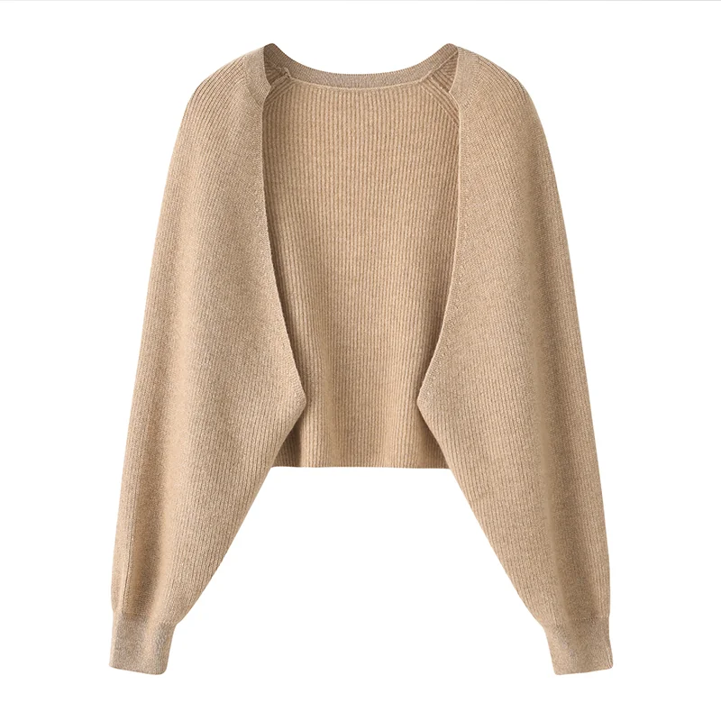100% Cashmere, Cashmere crew-neck sweater — Camel Cropped, 14–15.5µm, Cashmere Garment / Women — detail view 3