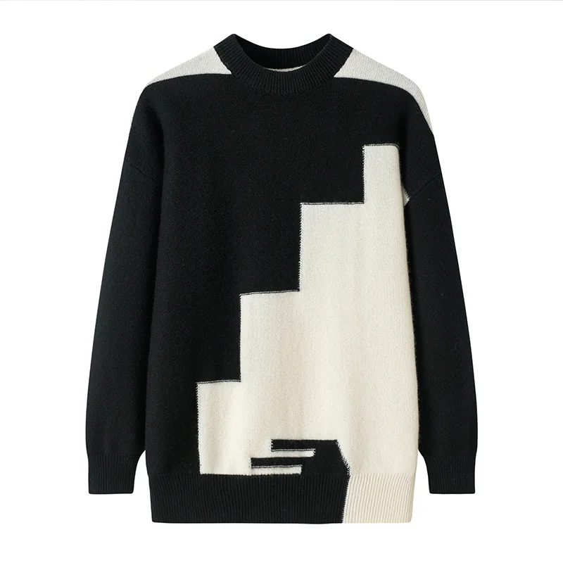 100% Cashmere, Cashmere crew-neck sweater — Black Colour-block, 14–15.5µm, Cashmere Garment / Women — detail view 2
