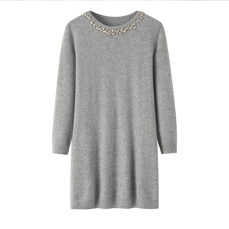 100% Cashmere, Cashmere crew-neck sweater — Grey, 14–15.5µm, Cashmere Garment / Women — detail view 2