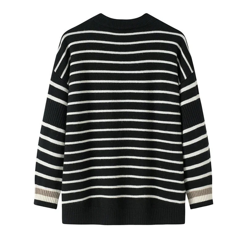 Cashmere crew-neck sweater — Black Striped — Cashmere Sweaters & Knitwear, 100% Cashmere