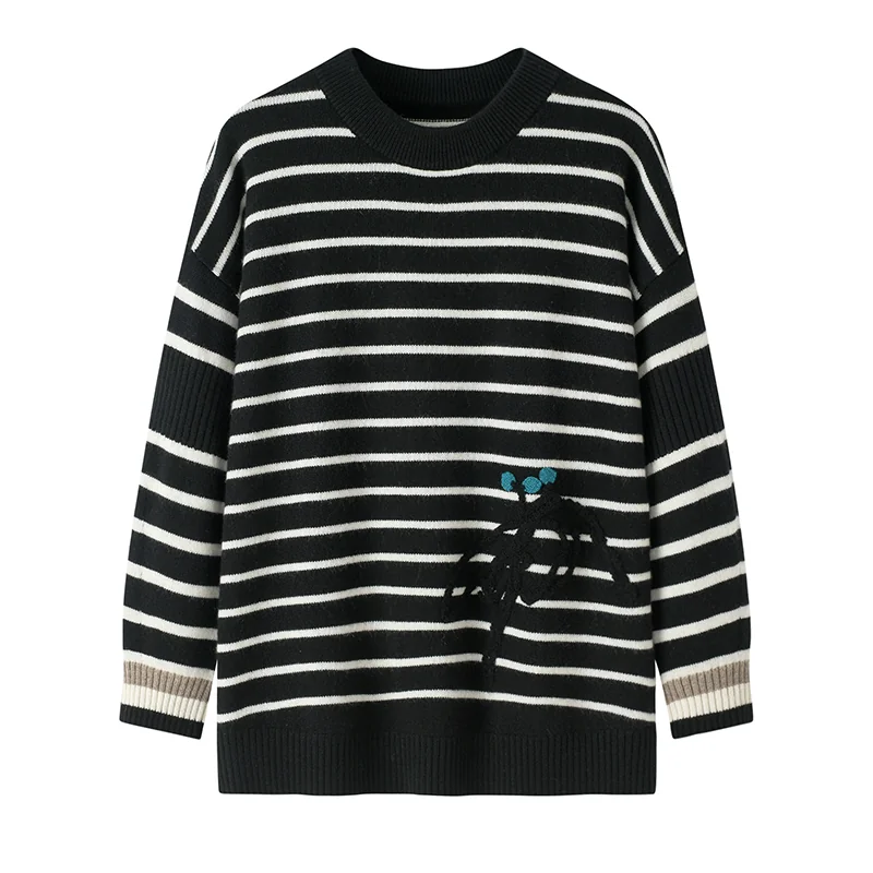 100% Cashmere, Cashmere crew-neck sweater — Black Striped, 14–15.5µm, Cashmere Garment / Women — detail view 2