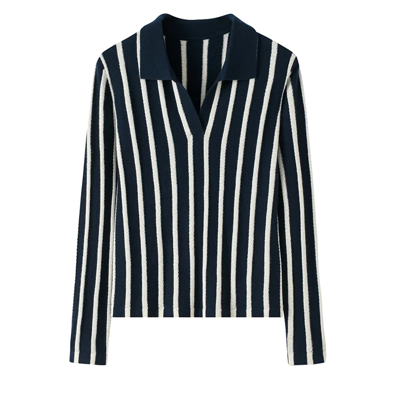 100% Cashmere, Cashmere crew-neck sweater — Navy Striped, 14–15.5µm, Cashmere Garment / Women — detail view 2