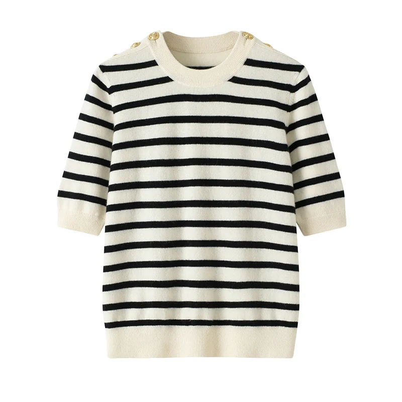 100% Cashmere, Cashmere crew-neck sweater — White Striped, 14–15.5µm, Cashmere Garment / Women — detail view 2