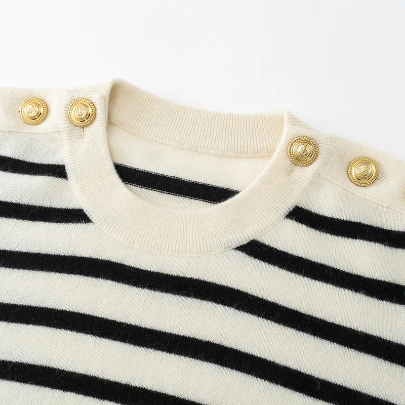 100% Cashmere, Cashmere crew-neck sweater — White Striped, 14–15.5µm, Cashmere Garment / Women — detail view 5