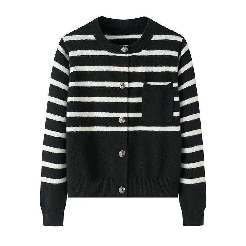 100% Cashmere, Cashmere crew-neck sweater — Black Striped, 14–15.5µm, Cashmere Garment / Women — detail view 2